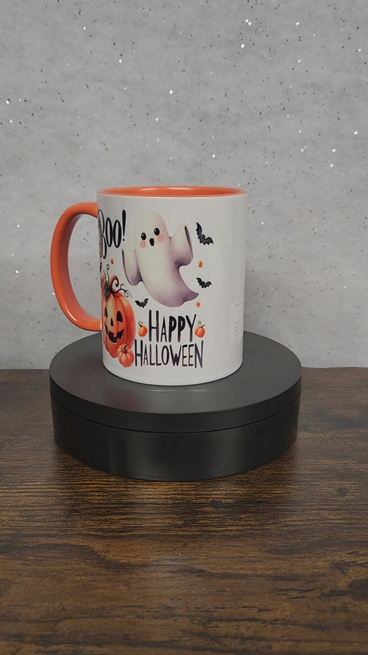 Happy Halloween Festive Mug with Ghost and Pumpkin Design with optional Coaster (1) - Mug, Drinkware