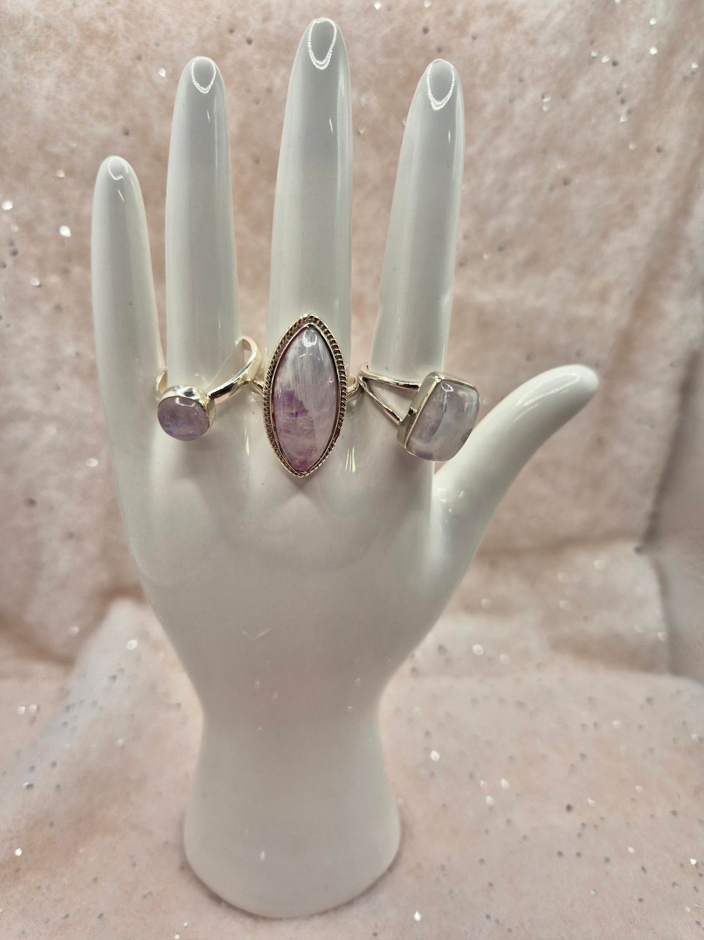 Pink Foiled Moonstone Sterling Silver Rings, choice of 3, Rectangle, filigree oval design or round