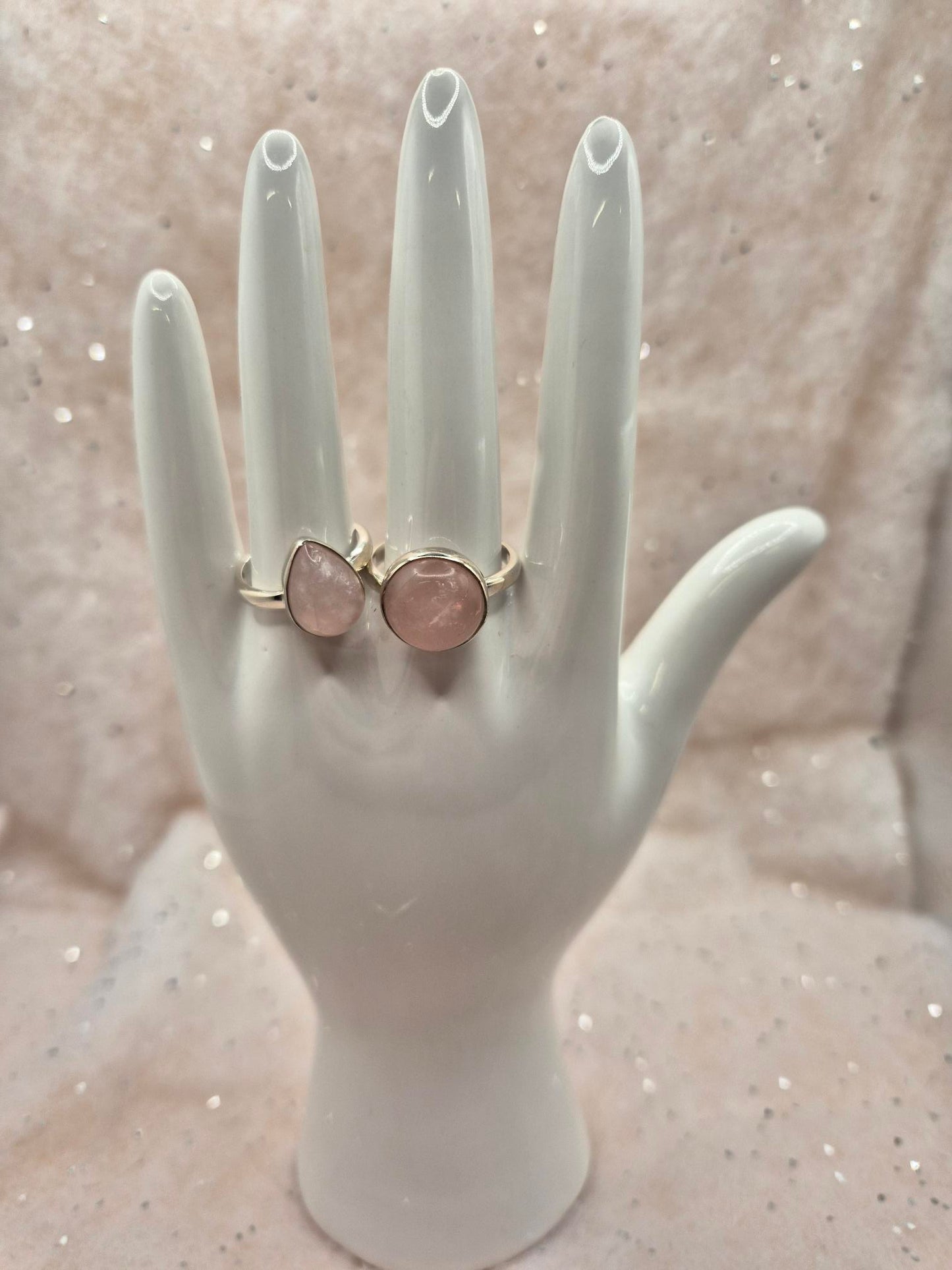 Rose Quartz Sterling Silver Rings, choice of 2, Teardrop Design or round design