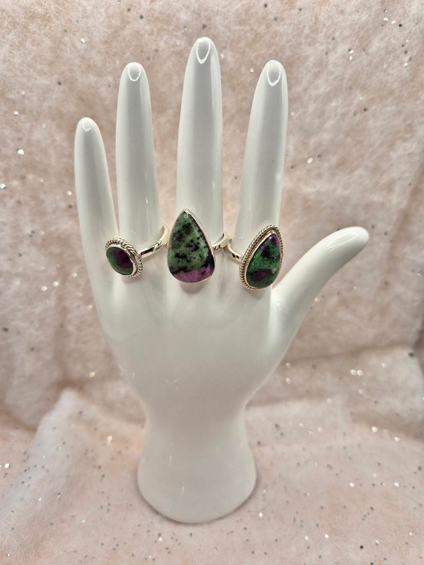 Ruby Zoisite Sterling Silver Rings, choice of 3, Teardrop Design, filigree teardrop or oval design