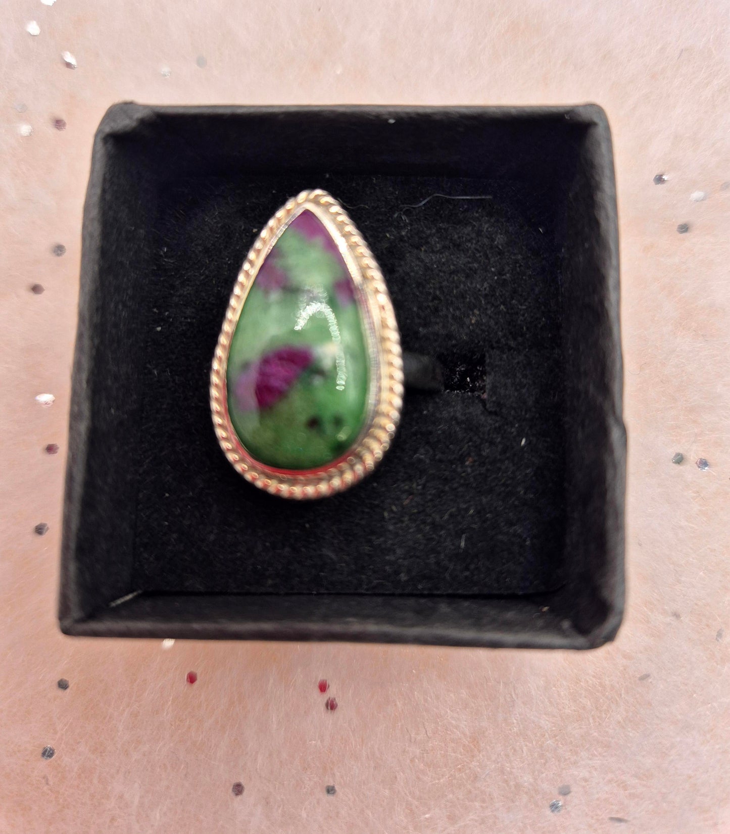 Ruby Zoisite Sterling Silver Rings, choice of 3, Teardrop Design, filigree teardrop or oval design