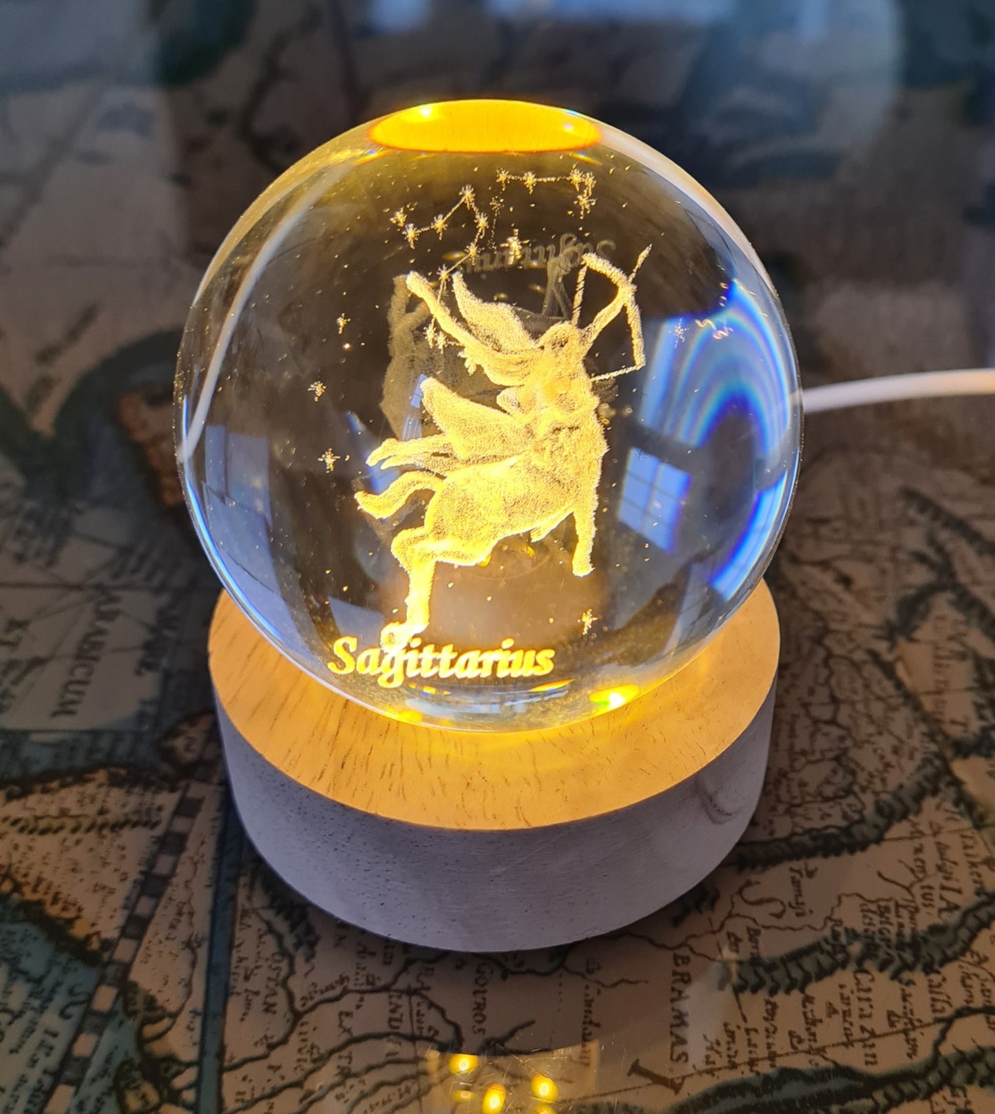 Sagittarius Zodiac Engraved 60mm Orb with light stand, Sagittarius Sphere, Sagittarius Crystal Ball.