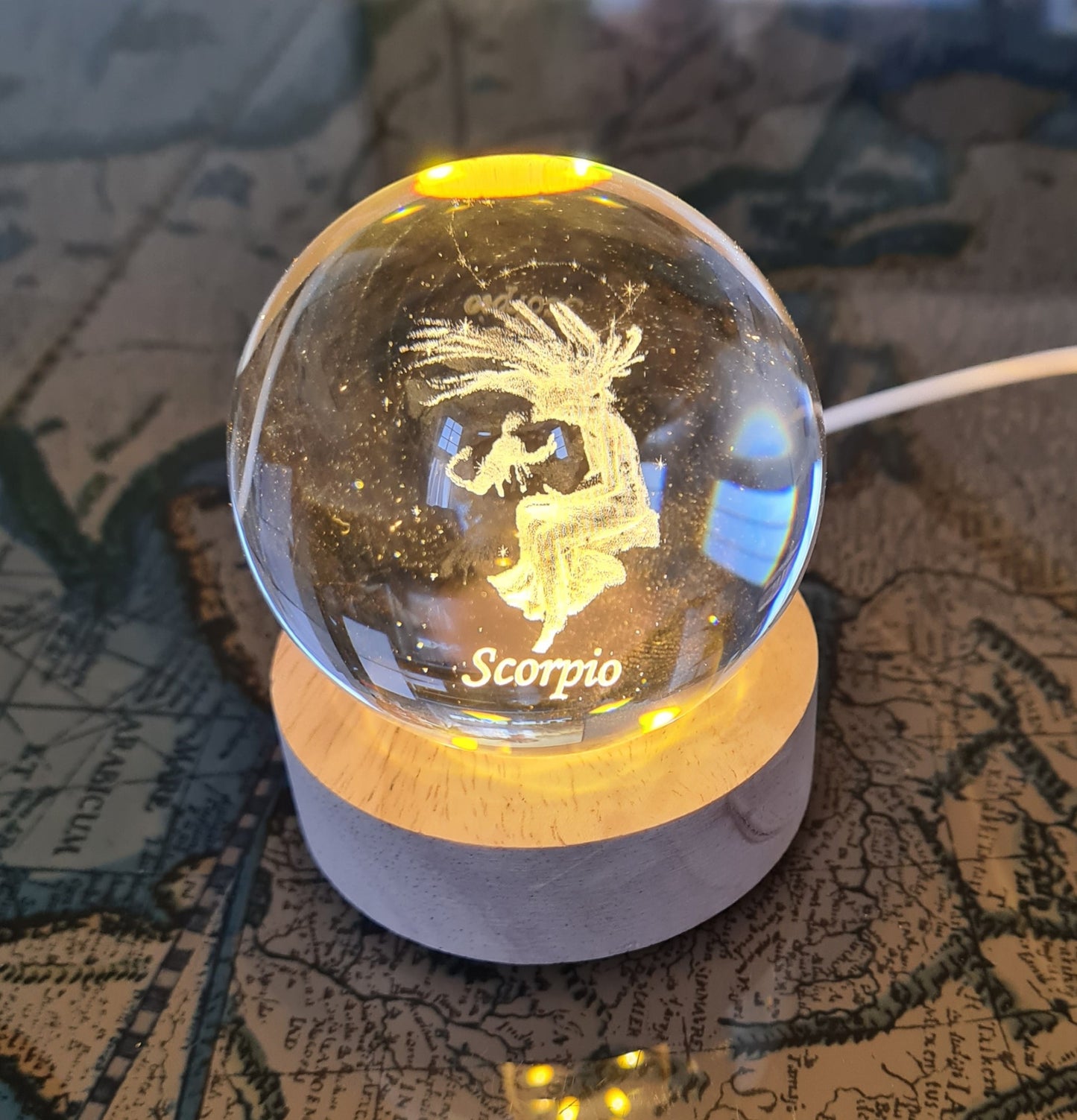 Scorpio Zodiac Engraved 60mm Orb with light stand, Scorpio Sphere, Scorpio Crystal Ball.