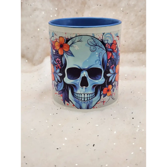 Skull and Flowers mug gothic cup blue inner and blue handle - mug