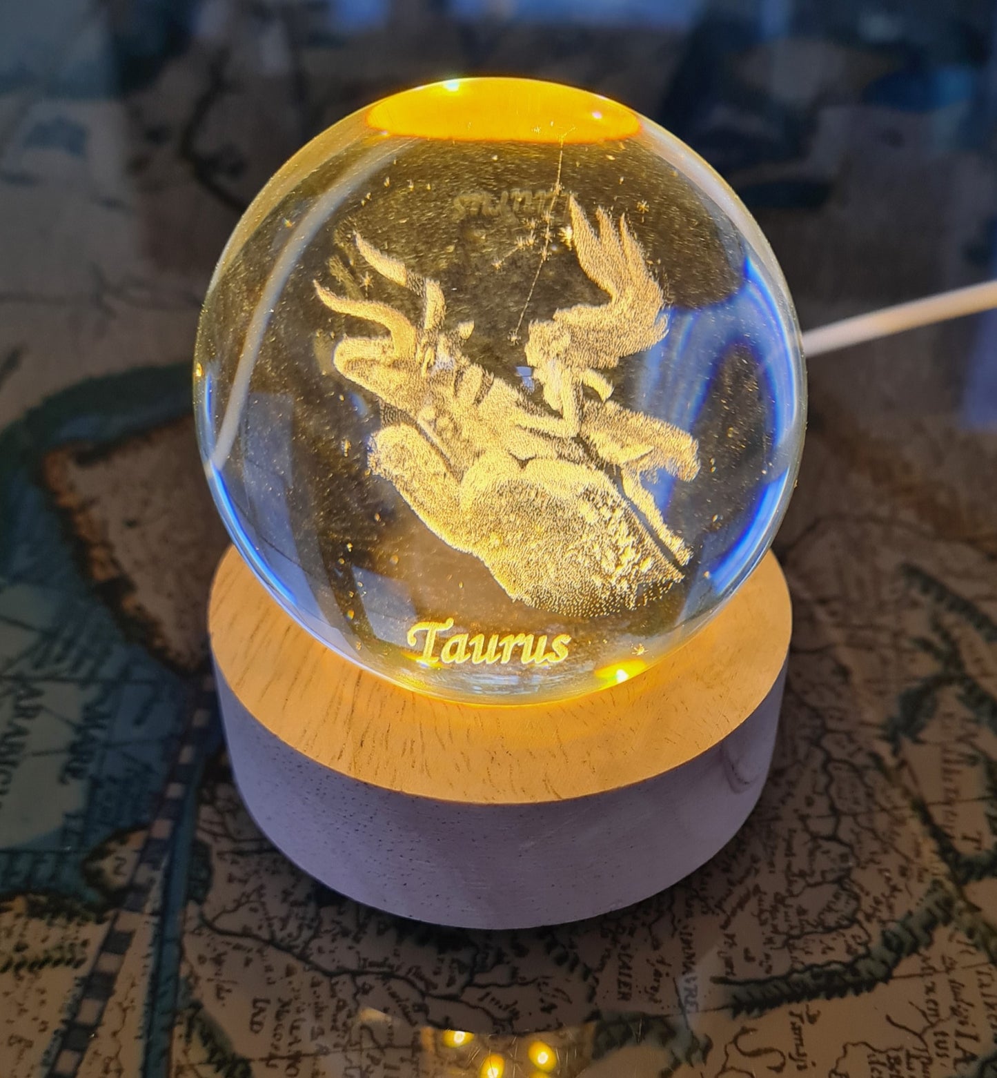 Taurus Zodiac Engraved 60mm Orb with light stand, Taurus Sphere, Taurus Crystal Ball.