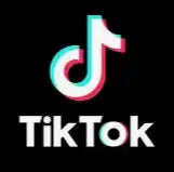 The tiktok logo, featuring a stylized musical note in teal and pink with white lettering.