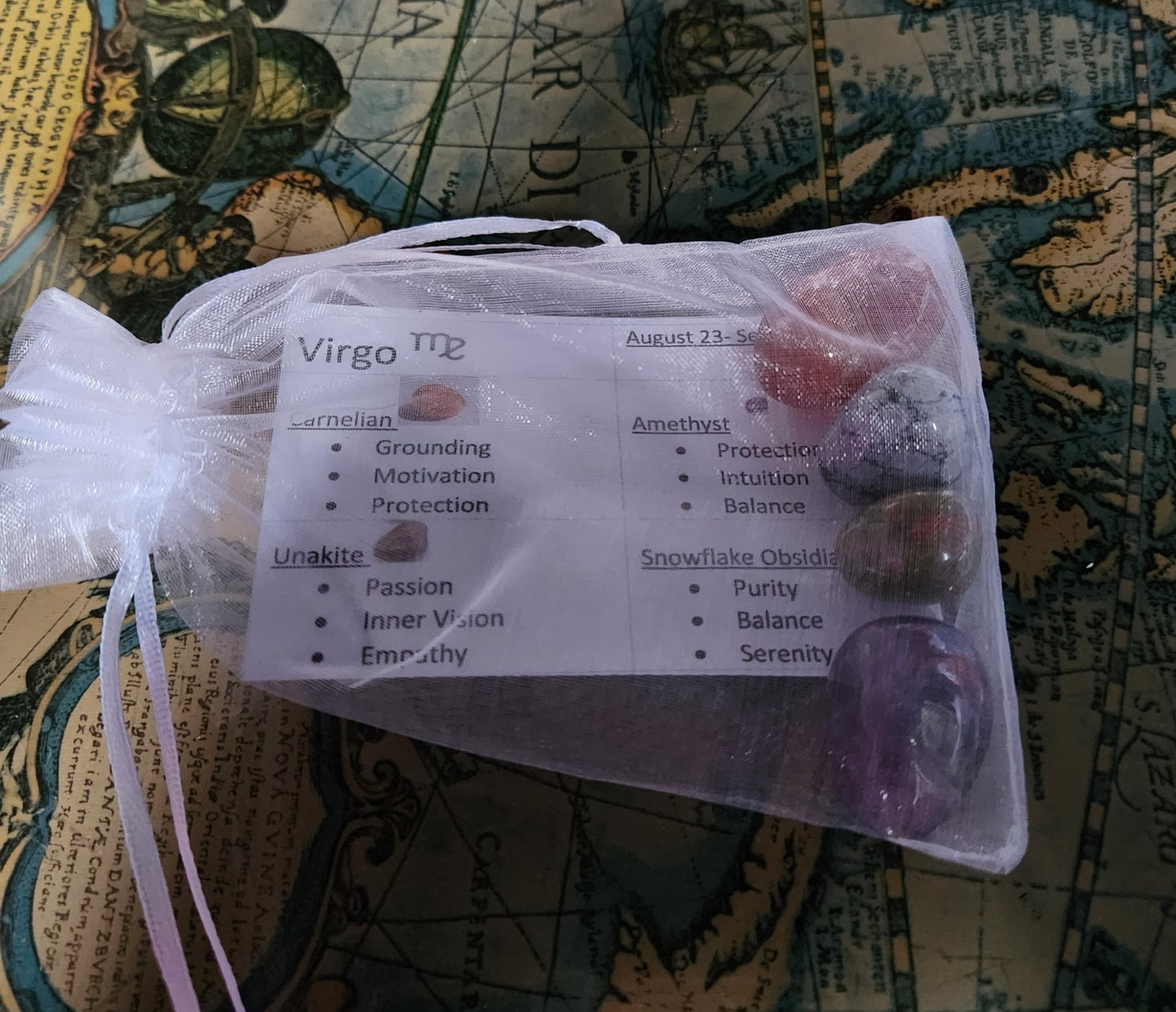 Crystal Virgo Zodiac Set with Angel Wings Dish- Crystals for Virgo- Crystal Zodiac Set - Crystal Angel Set- Virgo Crystals- Virgo Tumble Stones