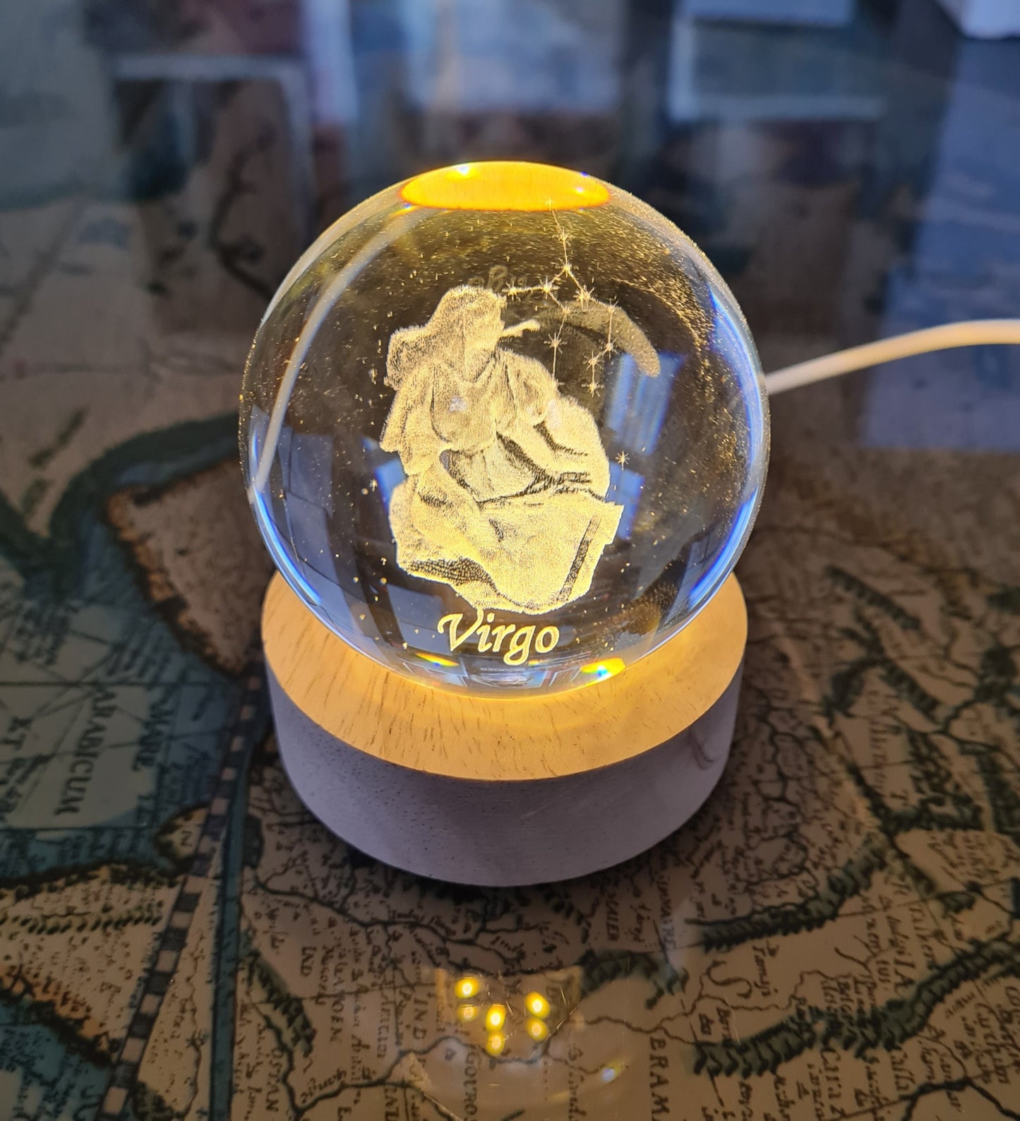 Virgo Zodiac Engraved 60mm Orb with light stand, Virgoi Sphere, Virgo Crystal Ball.