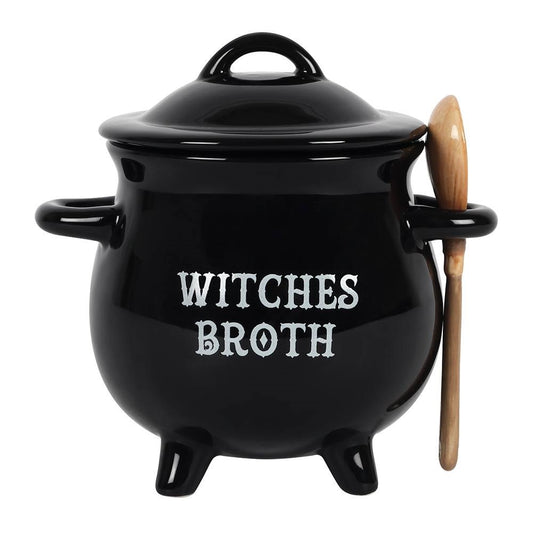 WITCHES BROTH CAULDRON SOUP BOWL WITH BROOM SPOON