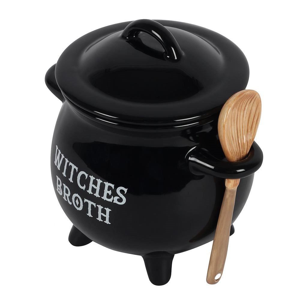 WITCHES BROTH CAULDRON SOUP BOWL WITH BROOM SPOON