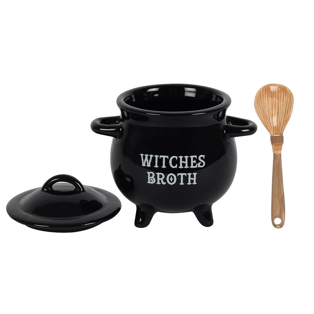 WITCHES BROTH CAULDRON SOUP BOWL WITH BROOM SPOON