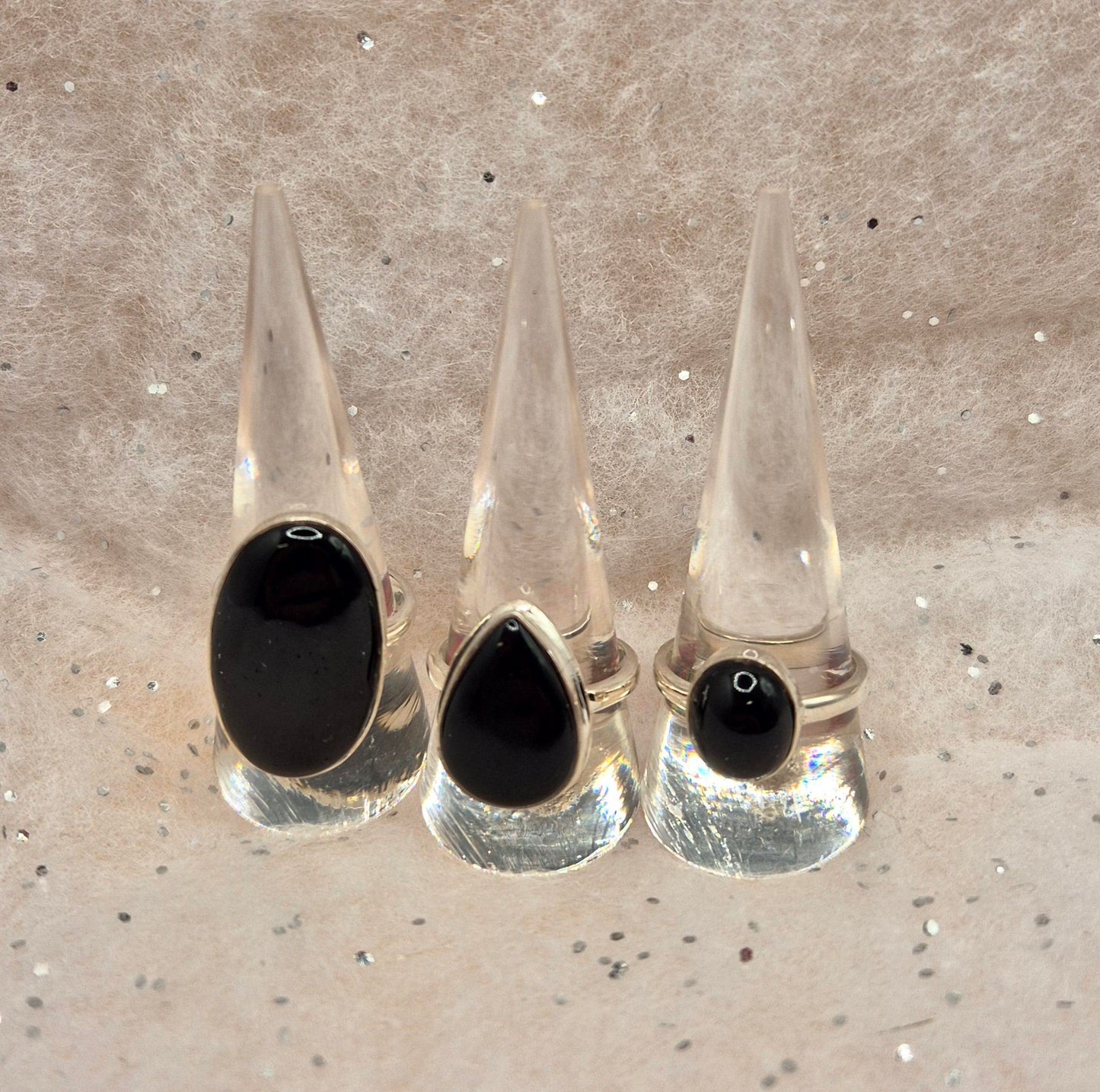 Whitby Jet Sterling Silver Rings, choice of 3,  Teardrop Design or 2 oval designs