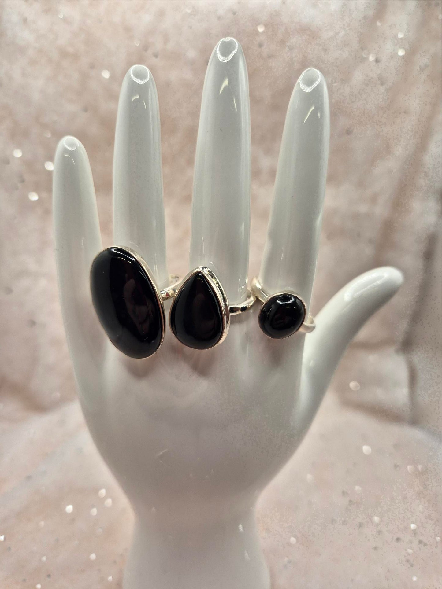 Whitby Jet Sterling Silver Rings, choice of 3,  Teardrop Design or 2 oval designs