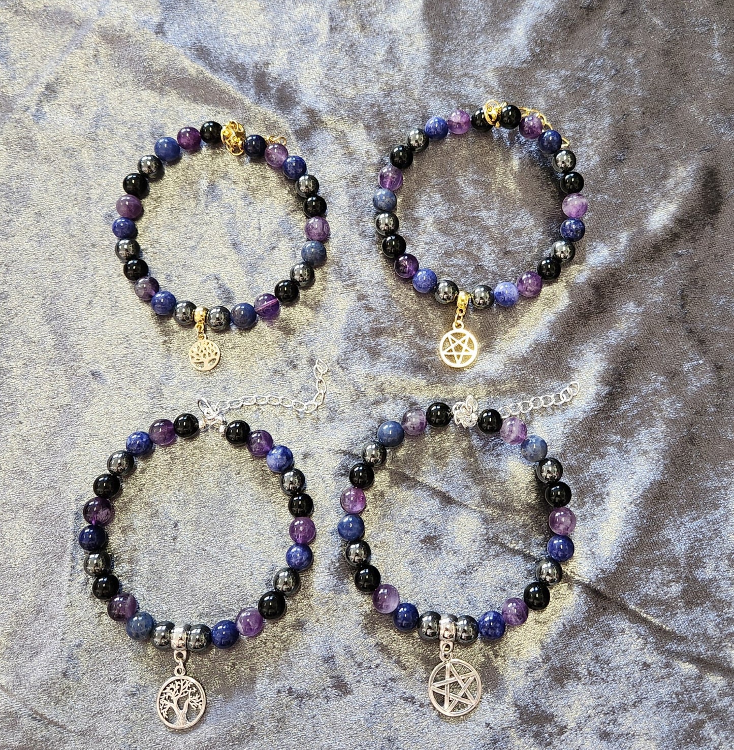 Crystal healing bracelet for Wealth and Power, Amethyst, Hematite, Obsidian and Sodalite, tree of life, pentacle