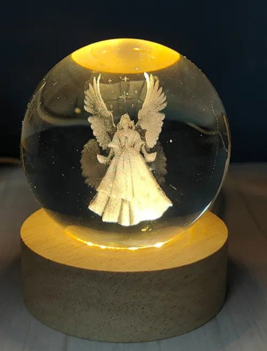 Angel Engraved 60mm Orb with light stand, Angel Sphere, Angel Crystal Ball.