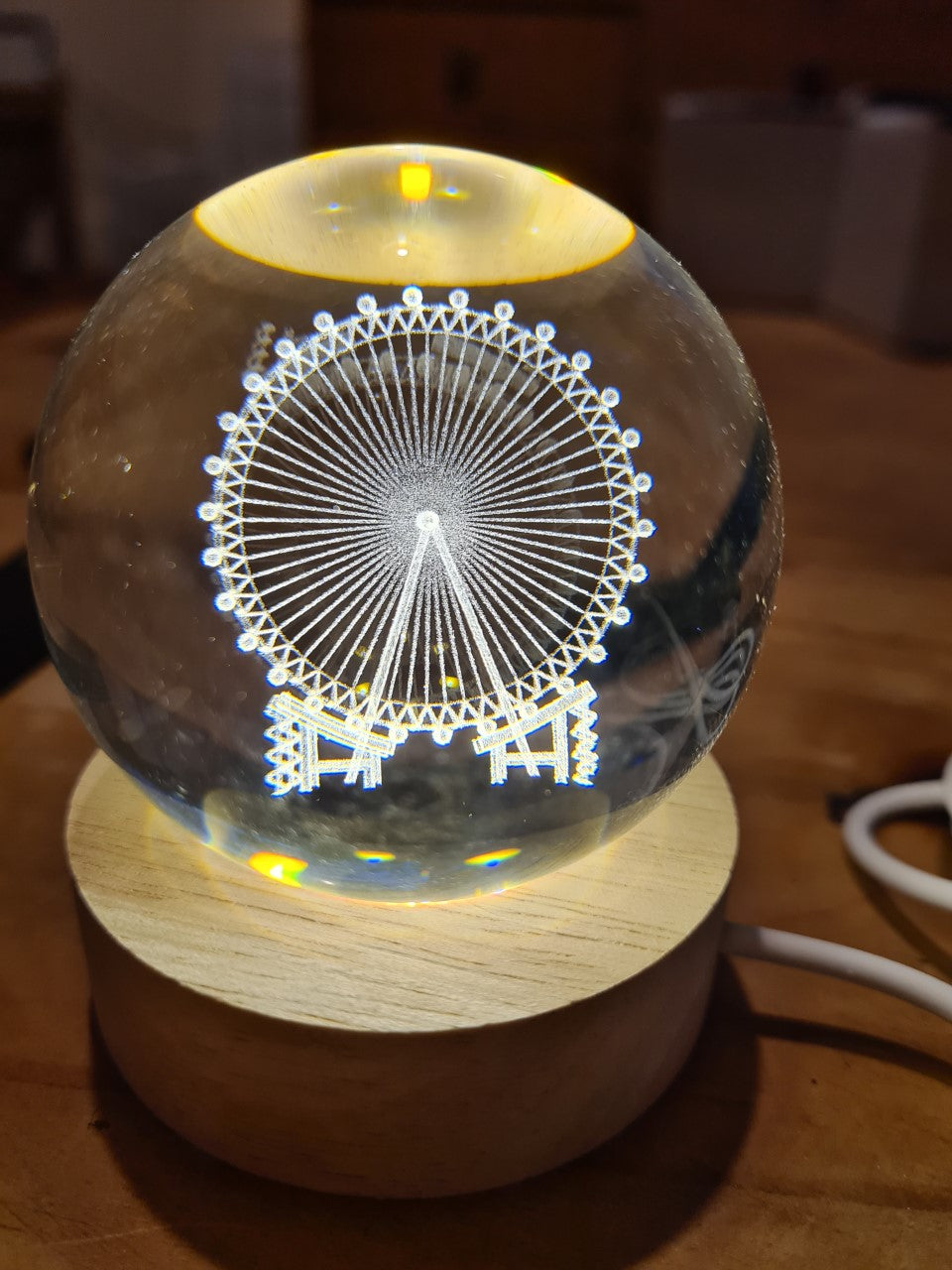 Ferris Wheel Engraved 60mm Orb with light stand, Ferris Wheel Sphere, Ferris Wheel Crystal Ball.