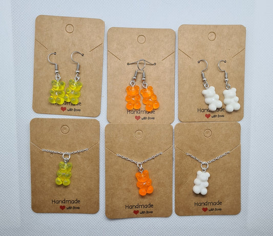 Gummy Bear earrings and necklace set, Gummy Bear earrings, White Gummy Bear, Orange Gummy Bear, Yellow Gummy Bear