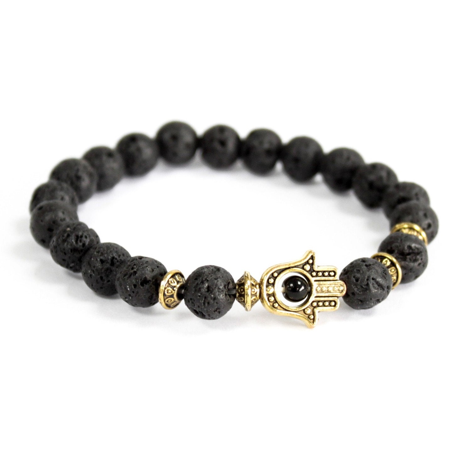 Lava Stone Bracelet - Gold Hamsa