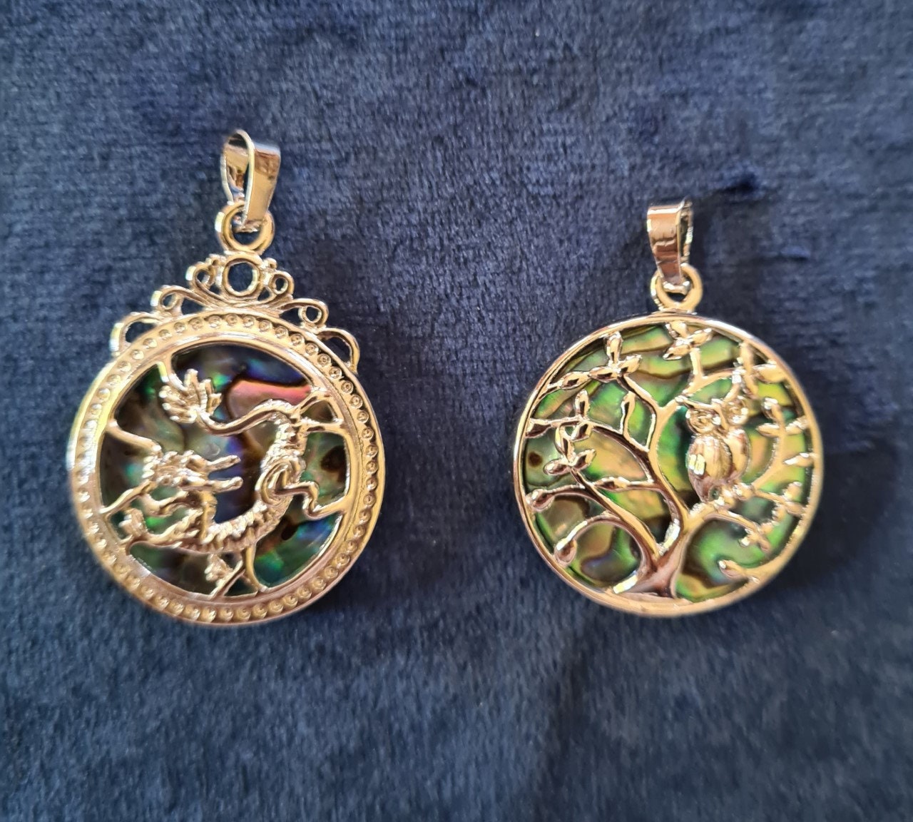 Abalone Shell Pendants (Tree of life with owl, Dragon)