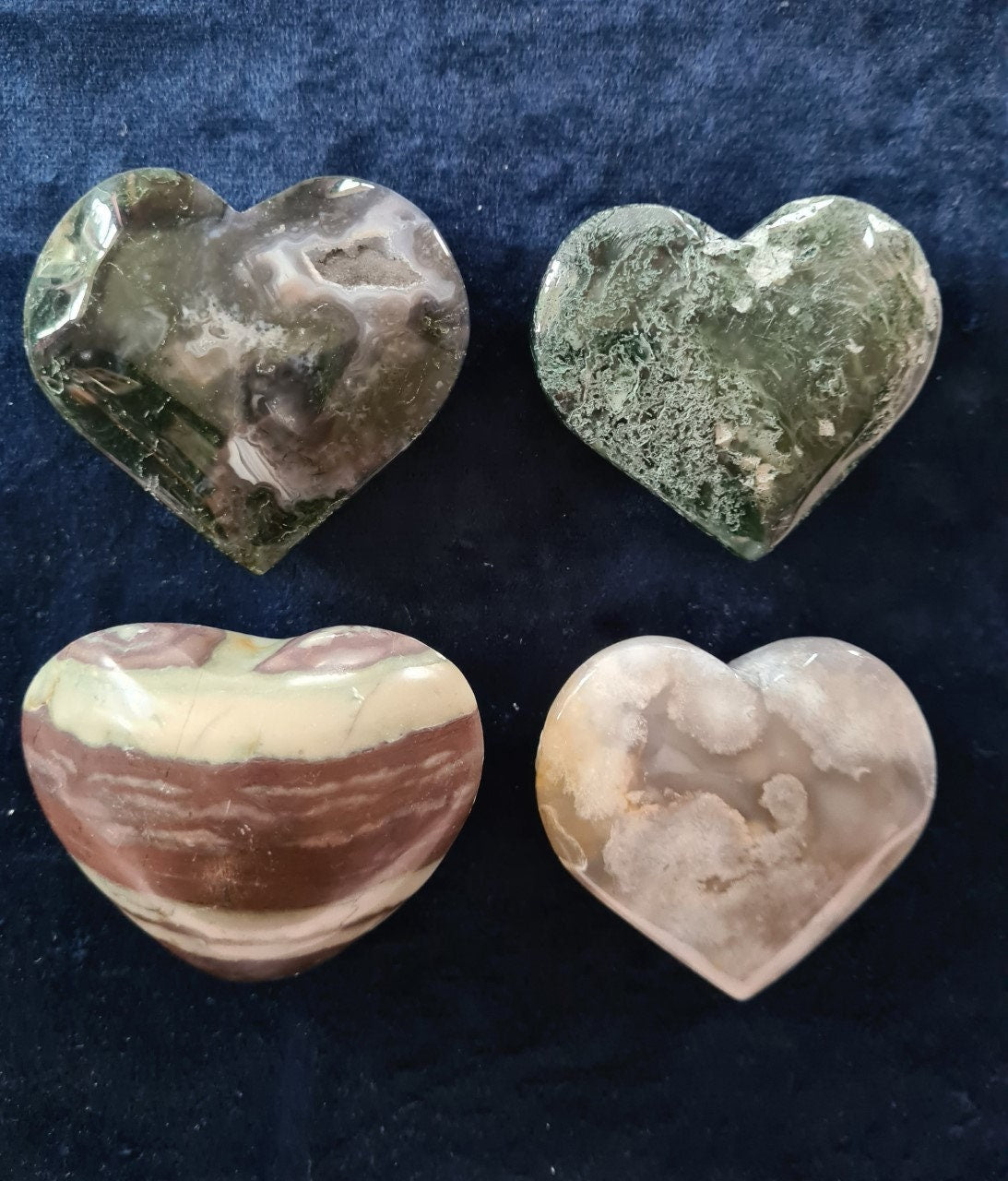 Lovely moss agate, imperial jasper and flower agate puff hearts