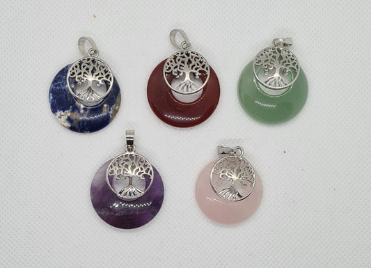 Inlay Tree of Life Moon pendant(Amethyst,Green Aventurine, Sodalite, Red Jasper, Rose Quartz)