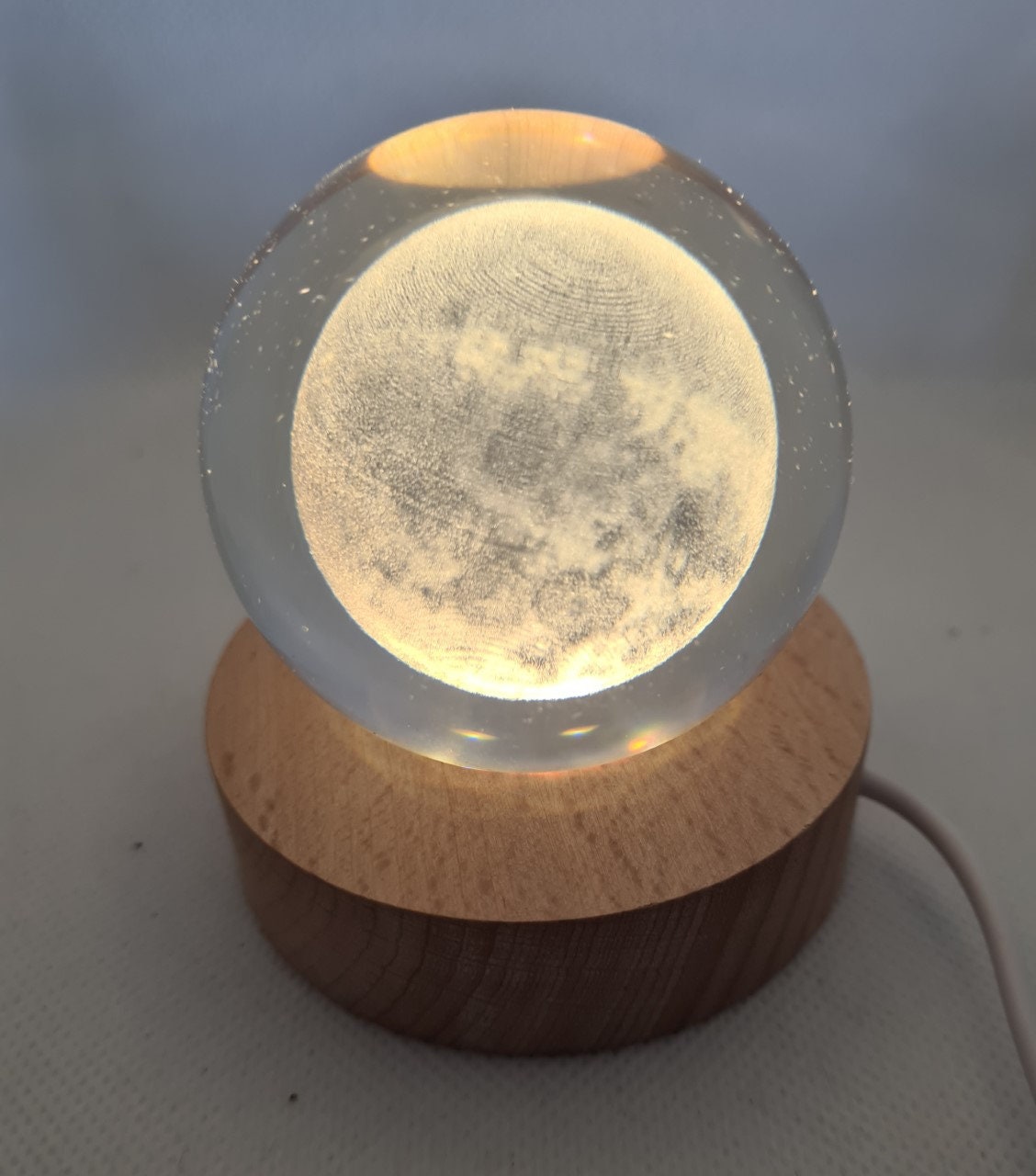 Moon Engraved 60mm Orb with light stand, Moon Sphere, Moon Crystal Ball.