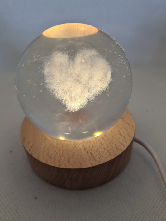 Heart Engraved 60mm Orb with light stand, Heart Sphere, Heart Crystal Ball.