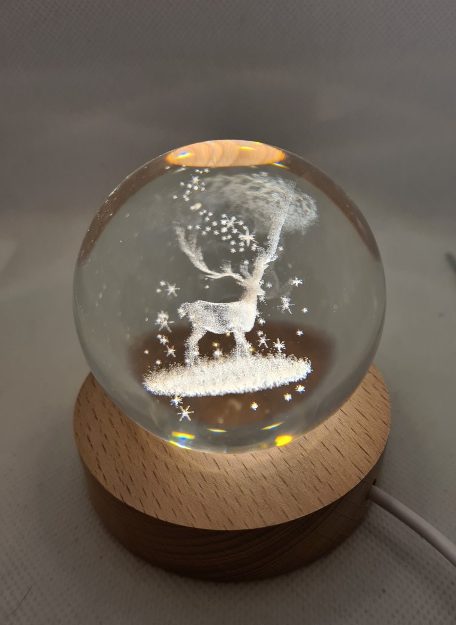 Stag Engraved 60mm Orb with light stand, Stag Sphere, Stag Crystal Ball.