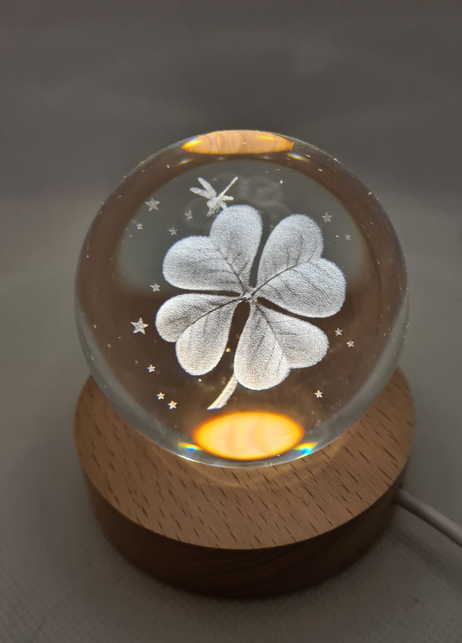 Four Leaf Clover Engraved 60mm Orb with light stand, Clover Sphere, Clover Crystal Ball.