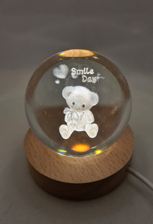 Bear Engraved 60mm Orb with light stand, Bear Sphere, Bear Crystal Ball.